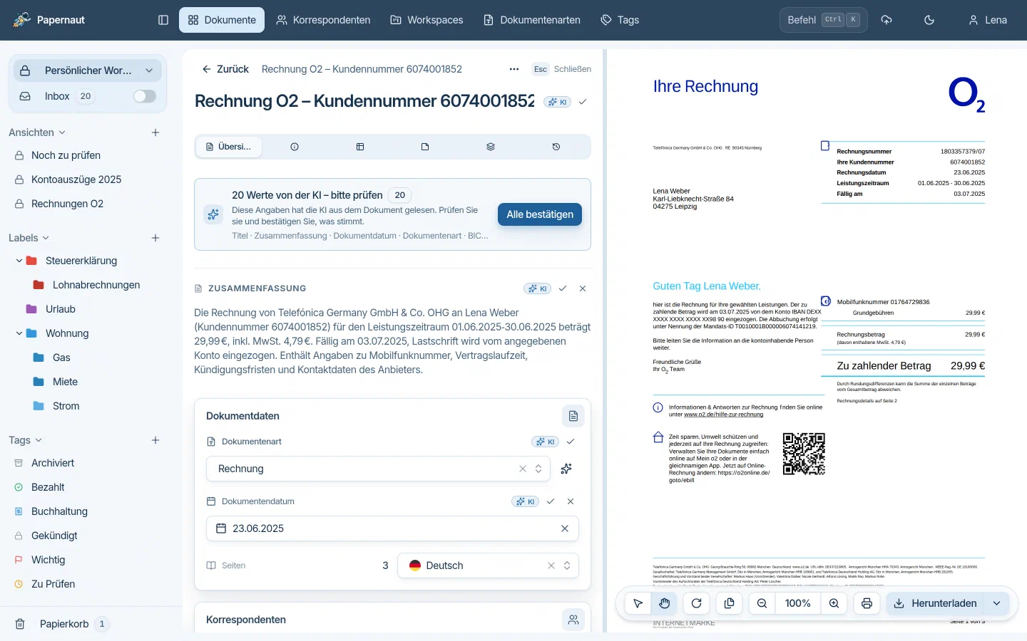 Papernaut Dokumentdetail einer O2-Rechnung: KI-Zusammenfassung, erkannte Dokumentenart Rechnung, Dokumentdatum und das Original-PDF daneben