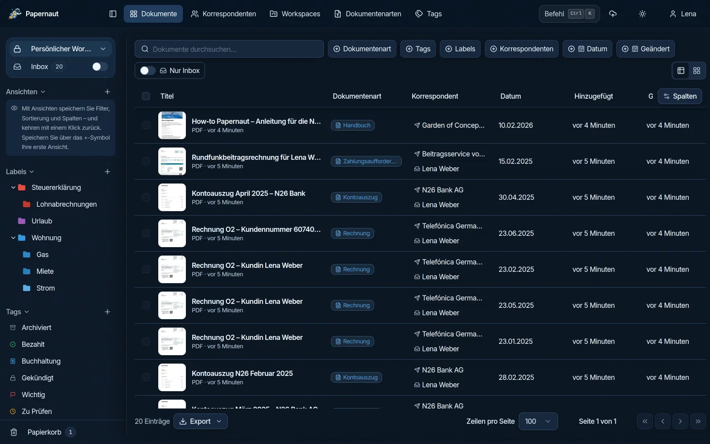 Papernaut Dokumentenliste im dunklen Modus mit Labels und Tags in der Seitenleiste