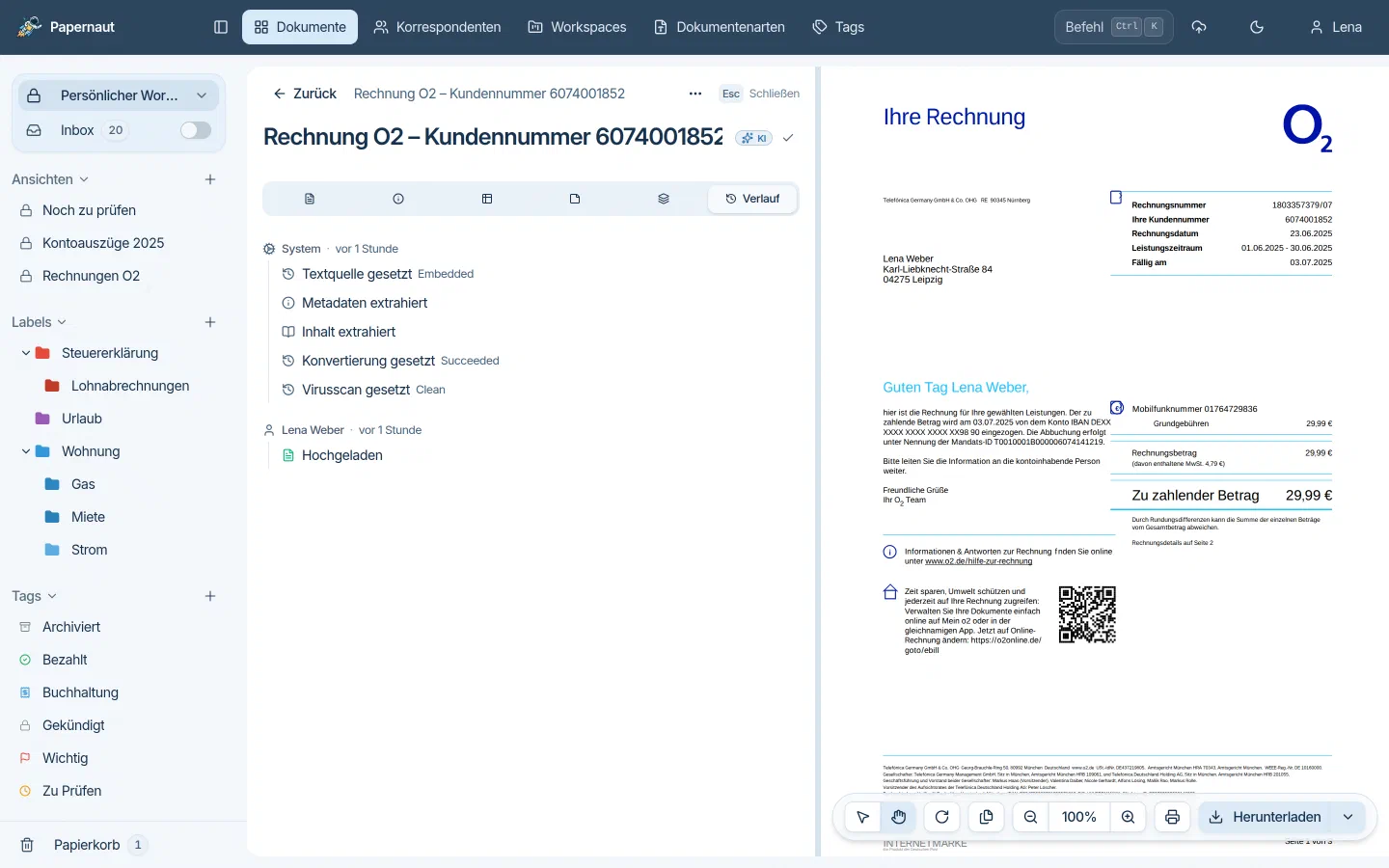 Verlauf eines Dokuments in Papernaut, Virenscan, Konvertierung, Extraktion und Upload mit Zeitangaben